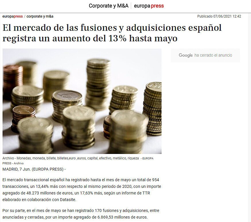 El mercado de las fusiones y adquisiciones espaol registra un aumento del 13% hasta mayo